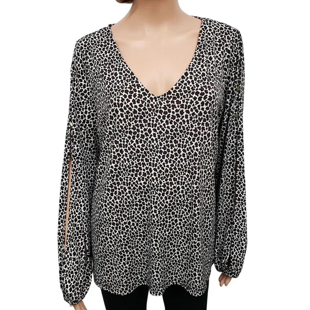 NWT MICHAEL KORS Arm Slit Animal Print Top Blouse Women L V-Neck Ruby Black
